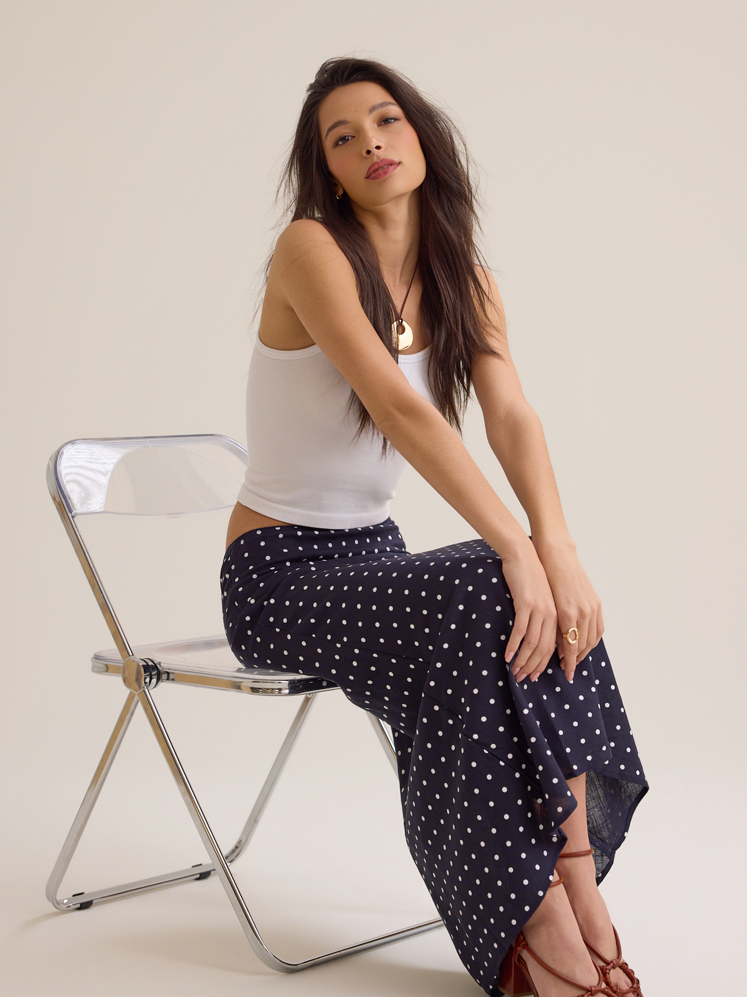Elodie Polka Dot Linen Maxi Skirt in Navy | Altar'd State