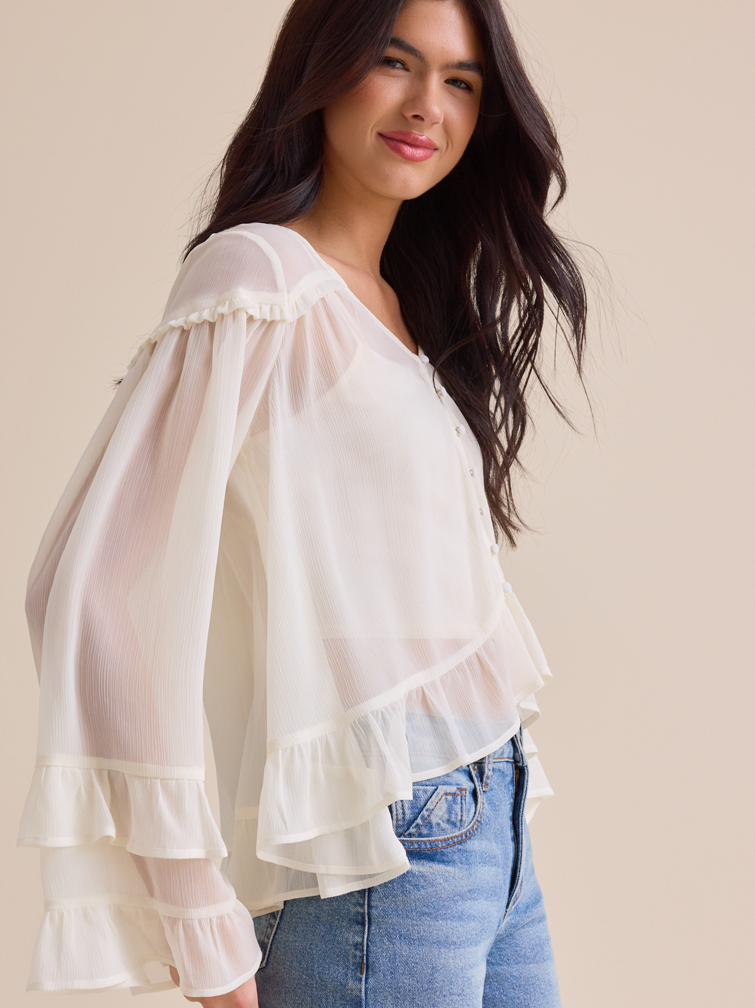Kariss Chiffon Ruffle Top in White | Altar'd State