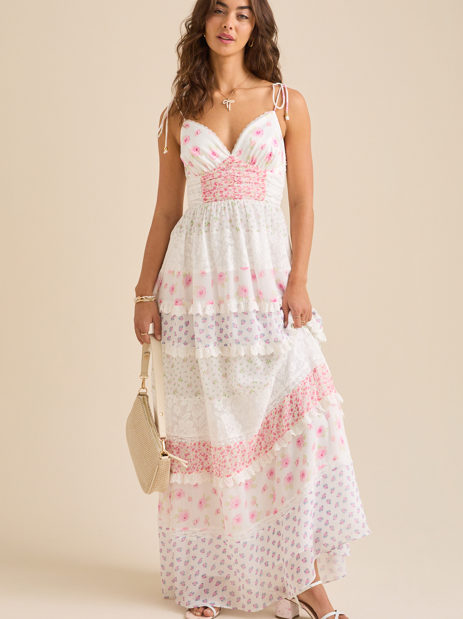 Altar'd State | Addie Floral Maxi Dress | IVORY-PINK | Material: 100% Polyester | XXS