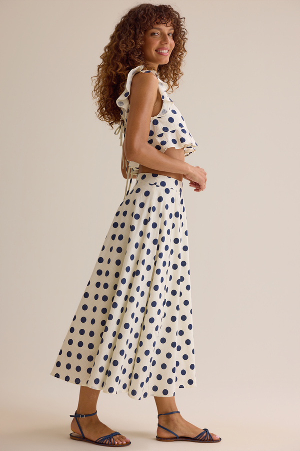Billie Polka Dot Linen Midi Skirt in Ivory & Navy | Altar'd State