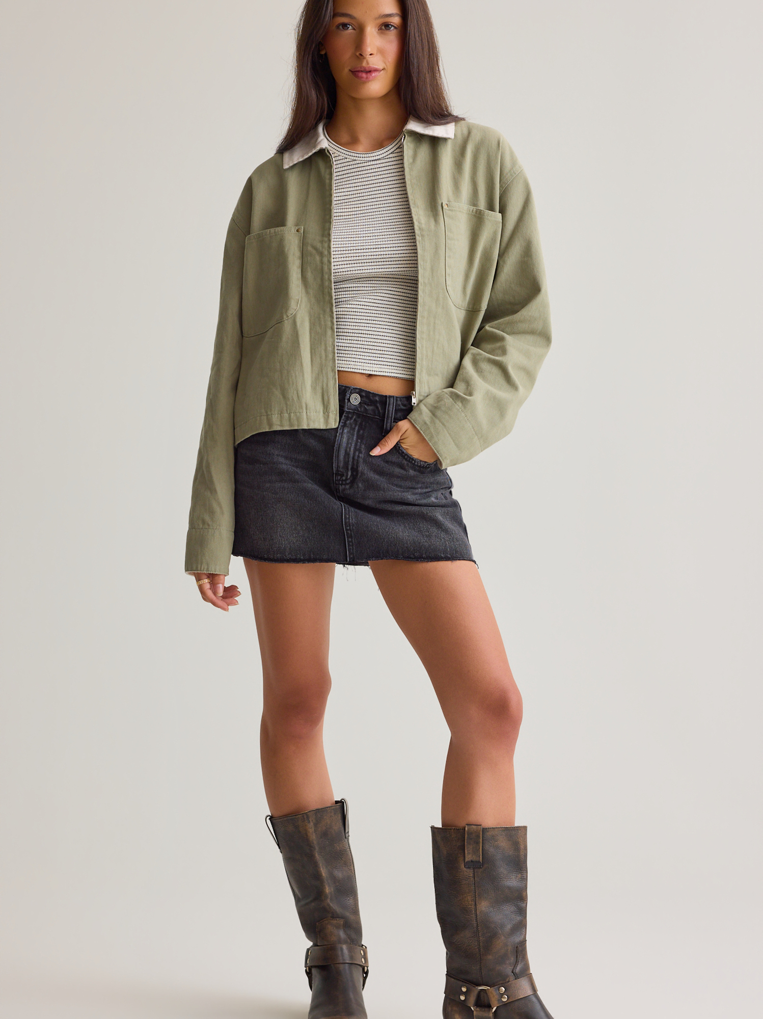 Jayden Cropped Trucker Jacket in Olive Green | Altar'd State