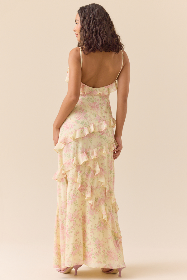 Altar'd State | Mynzi Maxi Dress | Yellow-Pink | Material: Shelf: 51% POLYESTER, 49% Rayon. Lining: 100% Polyester | L