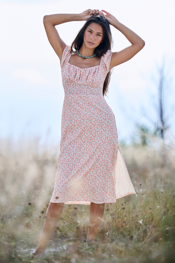 chinese dress ladies Hot Coral Floral Maxi Dress