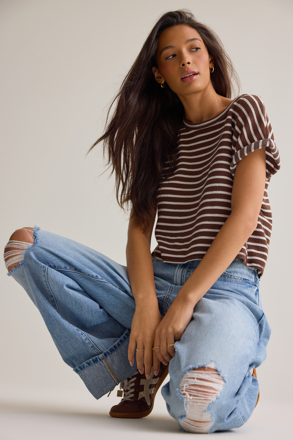 Hattie Stripe Roll Sleeve Crew - Altar'd State
