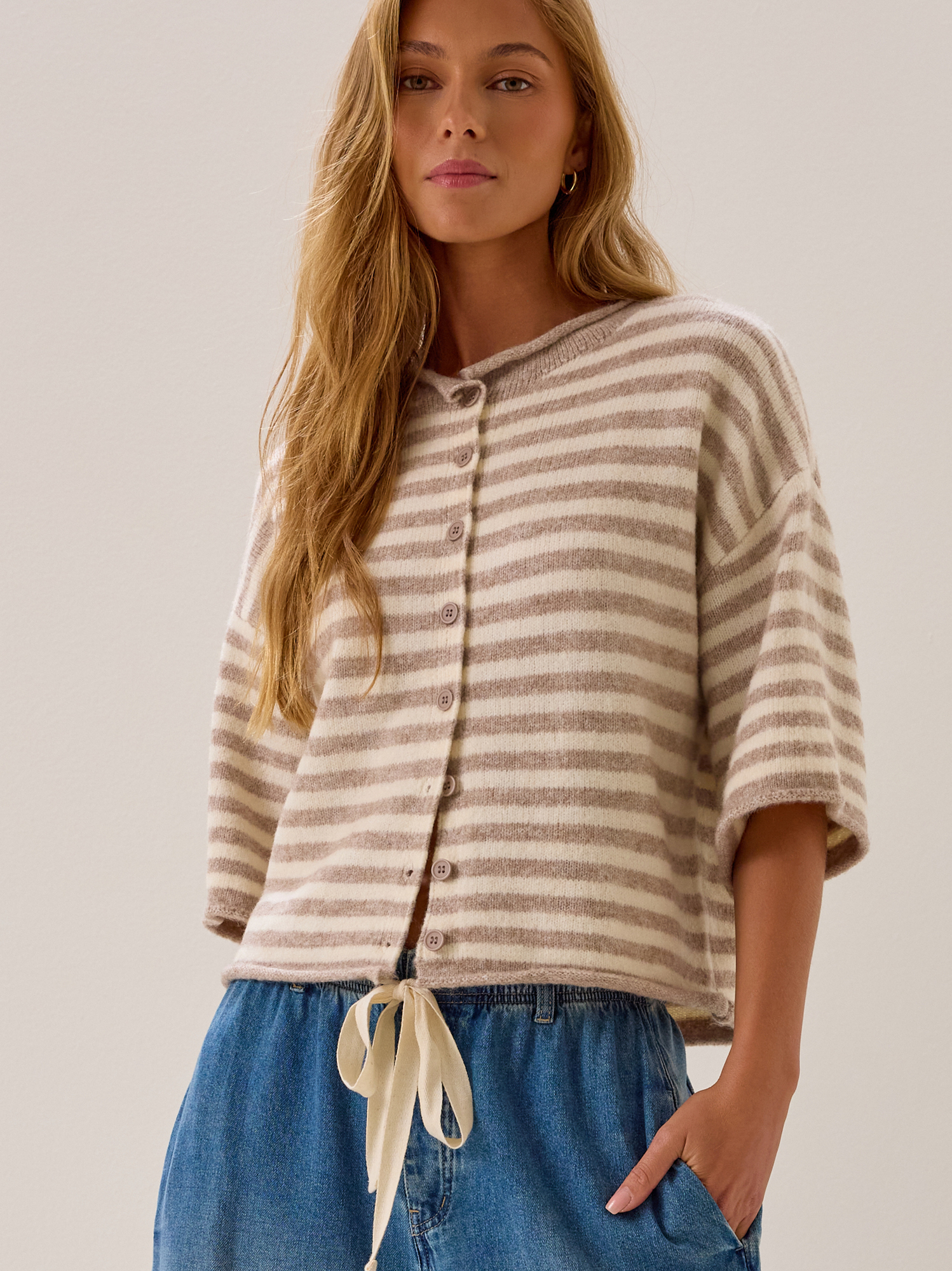 Cassidy Striped Cardigan in Taupe & Ivory | Altar'd State