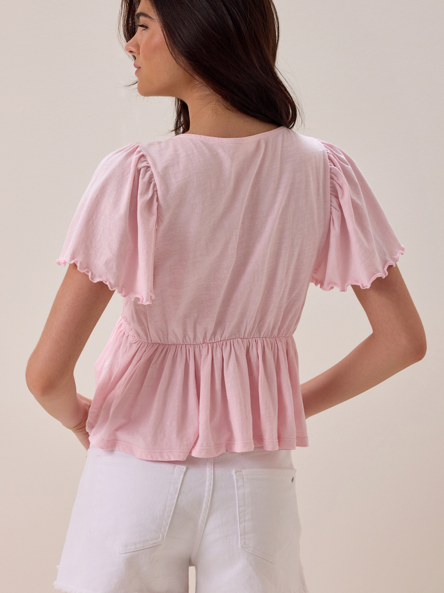 Nia Crochet Babydoll Tee in Light Pink | Altar'd State