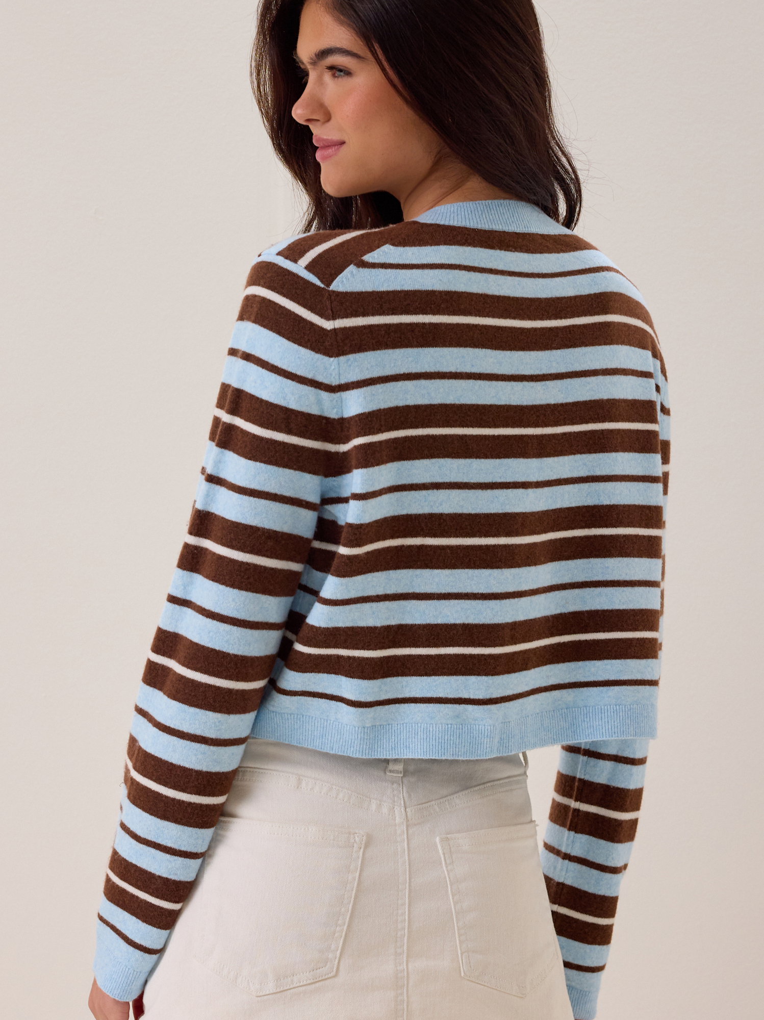 Londyn Multi Stripe Button Up Cardigan in Blue & Brown | Altar'd State