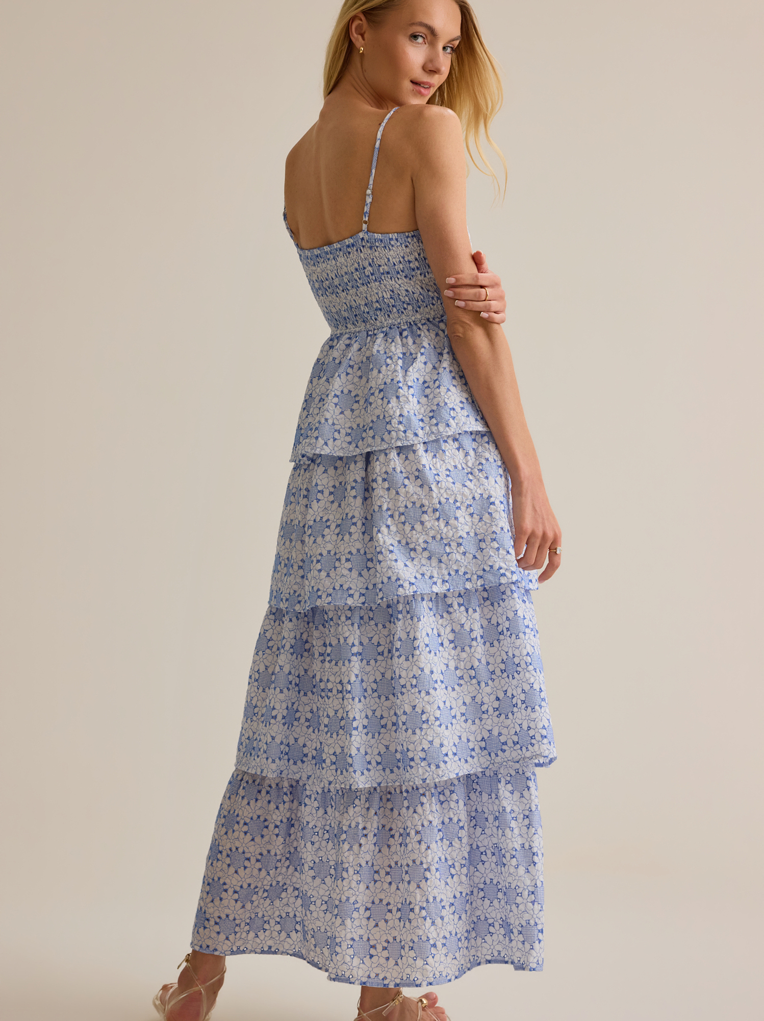 blue and white tiered dress Wedtrend Women Elegant Tiered Maxi Dress White Blue Flower A Line Spaghetti Straps Print Wedding Party Dress, White Blue Flower / US10