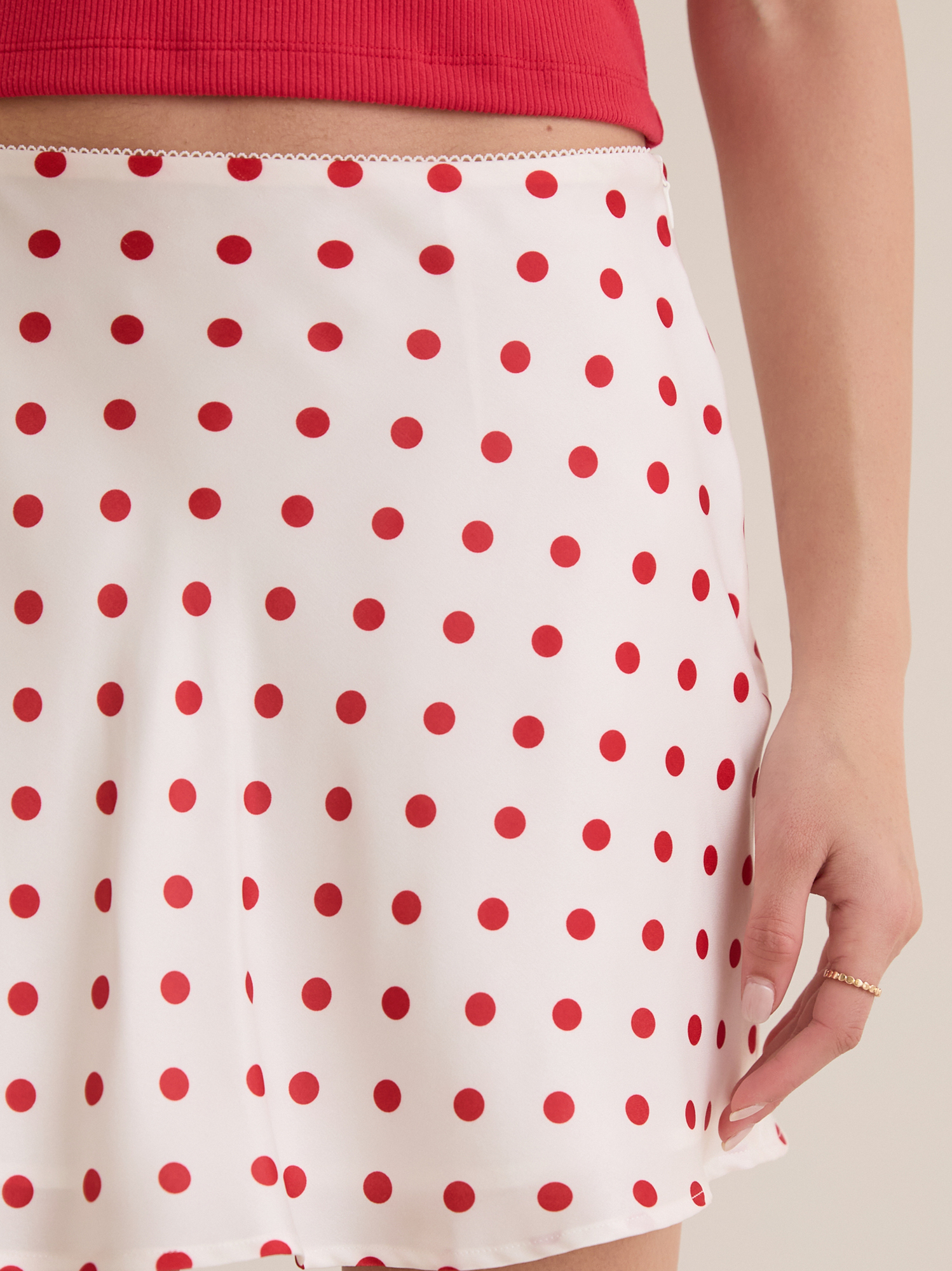 Maeve Polka Dot Satin Mini Skirt in White & Red | Altar'd State