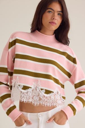 Holli Striped Lace Hem Sweater - Altar'd State - 
