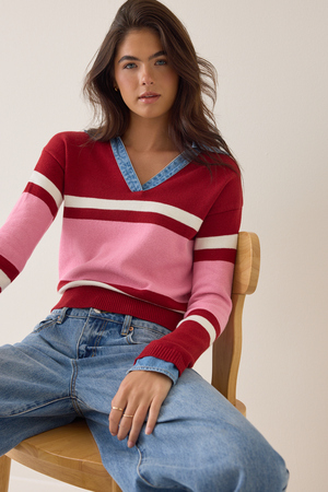 Mitchie Denim Trim Striped Pullover - Altar'd State - 