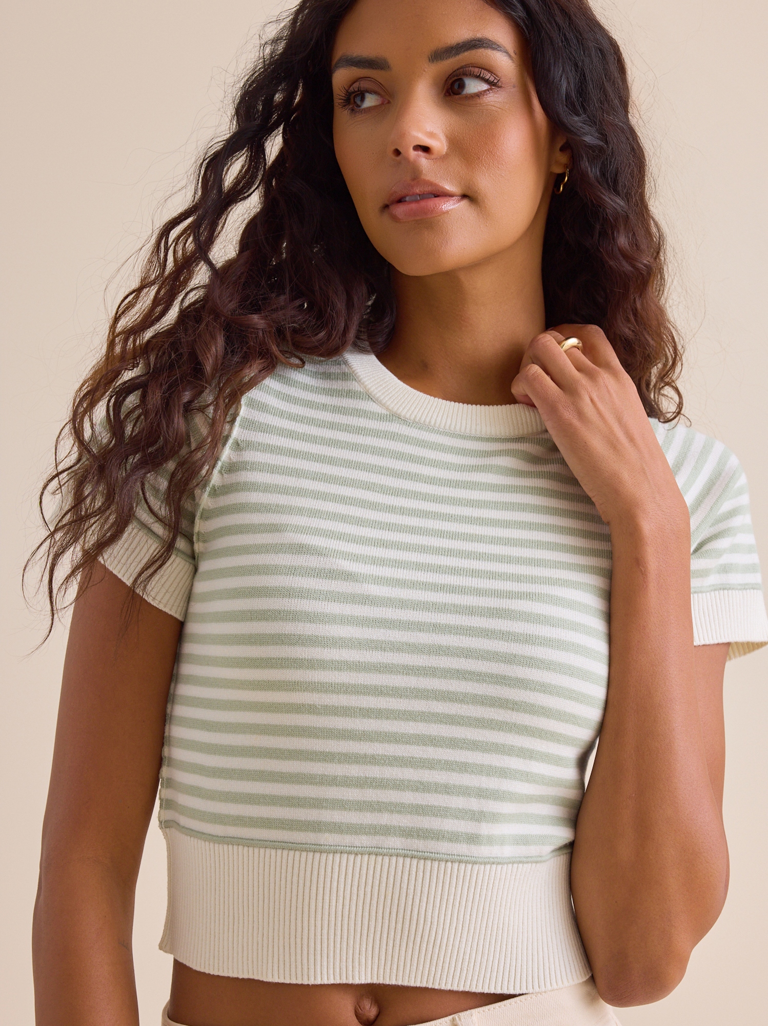 Aliyah Striped Knit Top in Green & Ivory | Altar'd State