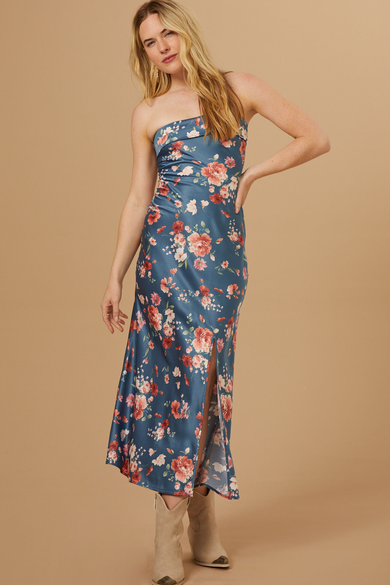 knee length dresses for ladies Peyton Strapless Satin Maxi Dress
