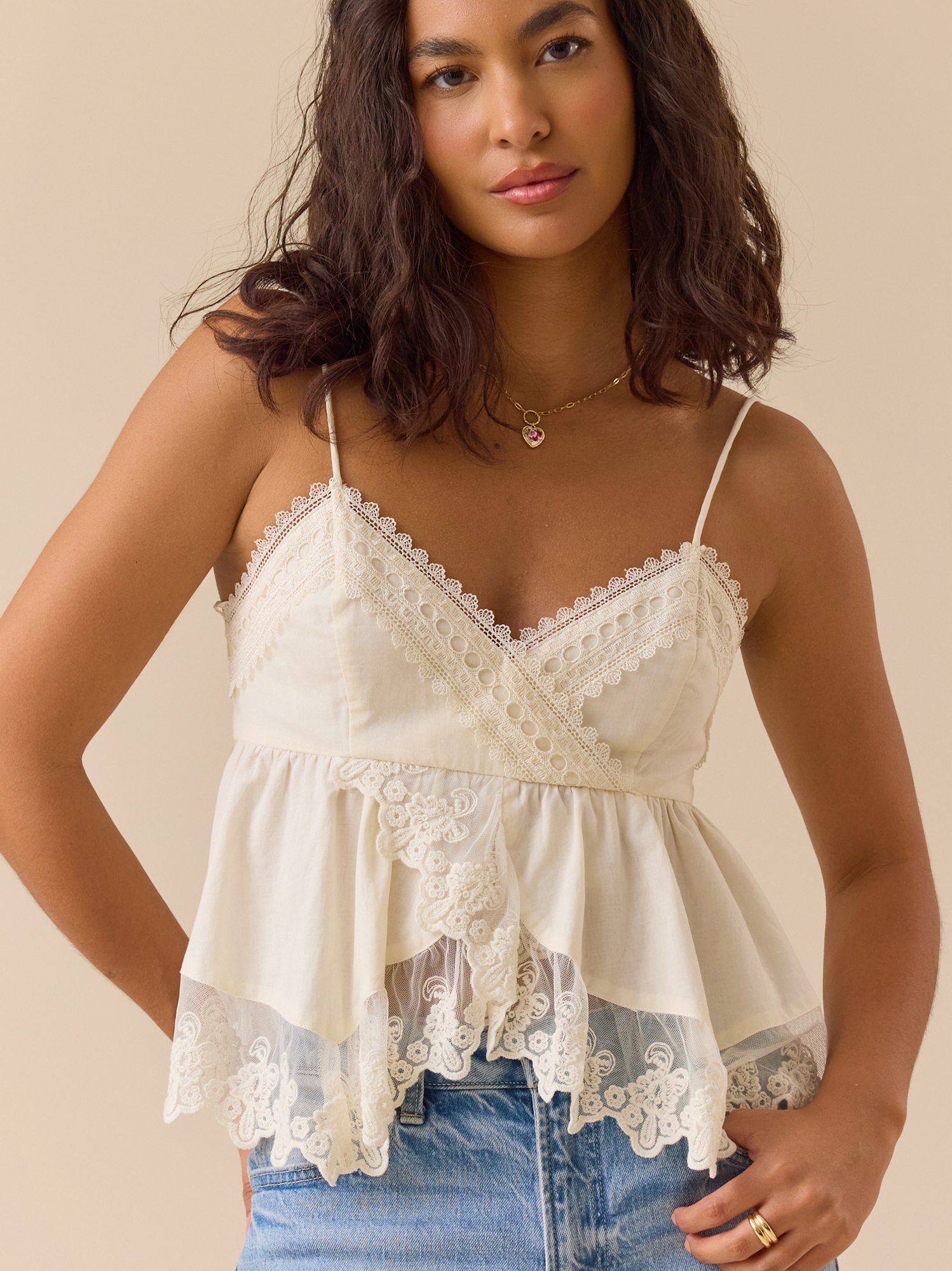 Quinlan Lace Trim Babydoll Top in Ivory | Altar'd State
