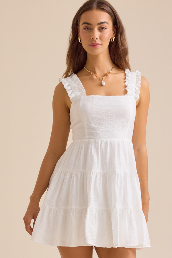 Kira Tiered Mini Dress in White | Altar'd State