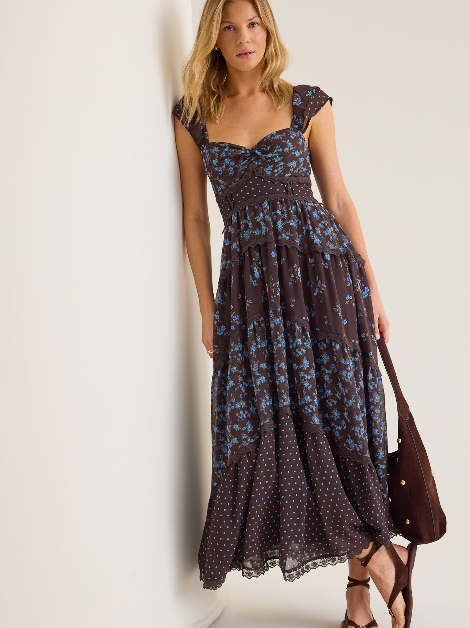 Altar'd State | Nixie Maxi Dress | BROWN-BLUE | 100% Polyester, Lining: 100% Polyester