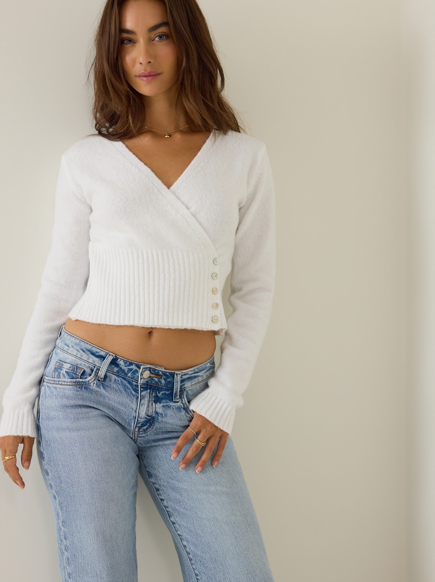 Ciela Wrap Button Side Sweater in Ivory | Altar'd State