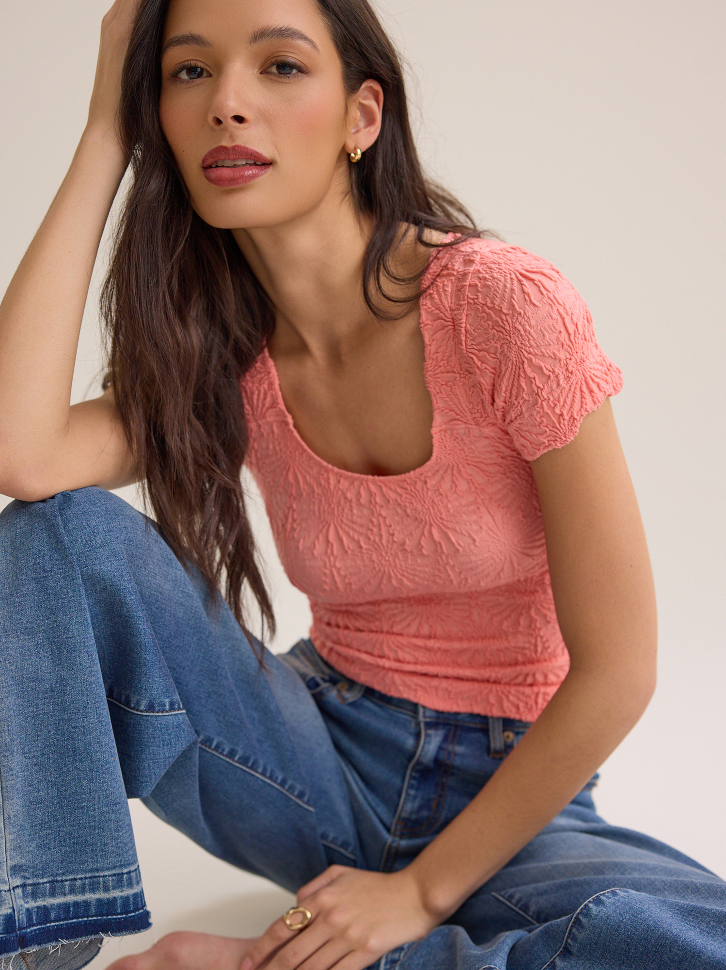 Blaire Short Sleeve Seamless Floral Tee in Peach | Altar'd State