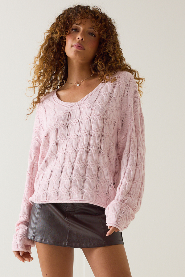 Harper V-Neck Cable Knit Sweater Detail 3 - Altar'd State