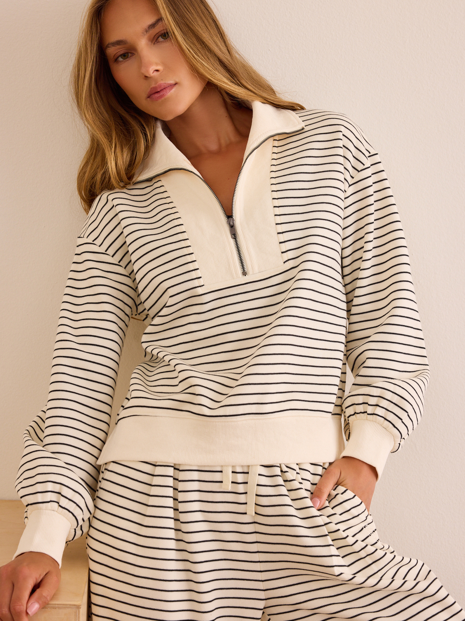 Fine Line Stripe Quarter-Zip Pullover in Ivory | AS Revival