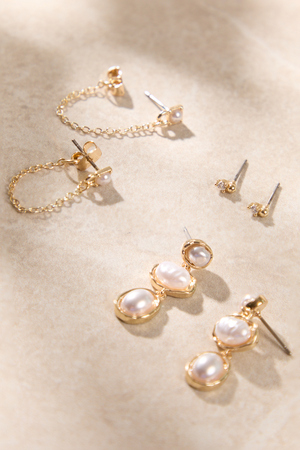 Bezel Pearl Chain Earring Set - Altar'd State - 