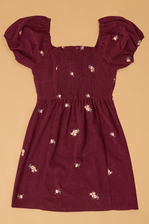 Peony Flower Embroidered Corduroy Puff Sleeve Dress - Altar'd State - 