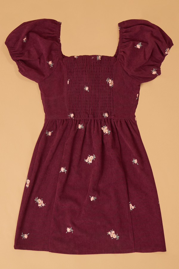 Peony Flower Embroidered Corduroy Puff Sleeve Dress Detail 3 - Altar'd State