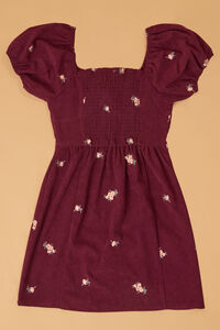 Peony Flower Embroidered Corduroy Puff Sleeve Dress Detail 3 - Altar'd State