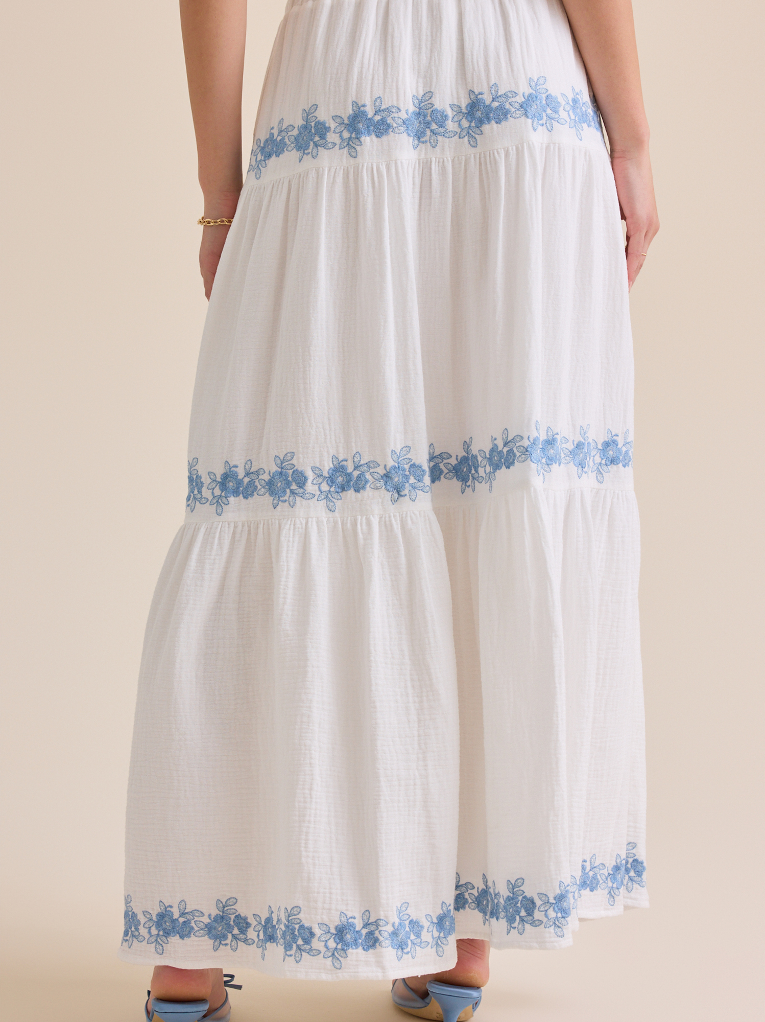 Addy Embroidered Maxi Skirt in White & Blue | Altar'd State