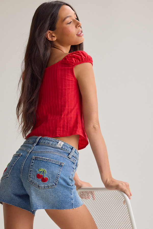 Shari Cherry Denim Shorts - Altar'd State