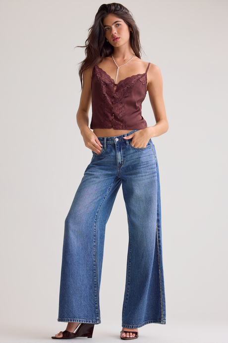 Izzie Rhinestone Trim Wide Leg Jean - Altar'd State