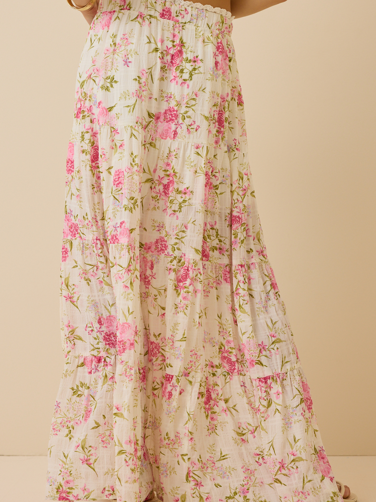 Kelsey Tiered Floral Maxi Skirt in Ivory & Pink | Altar'd State