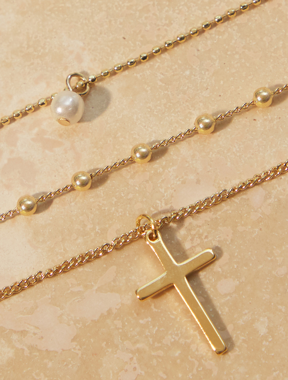 Layered Cross Pearl Necklace Detail 2 - Altar'd State