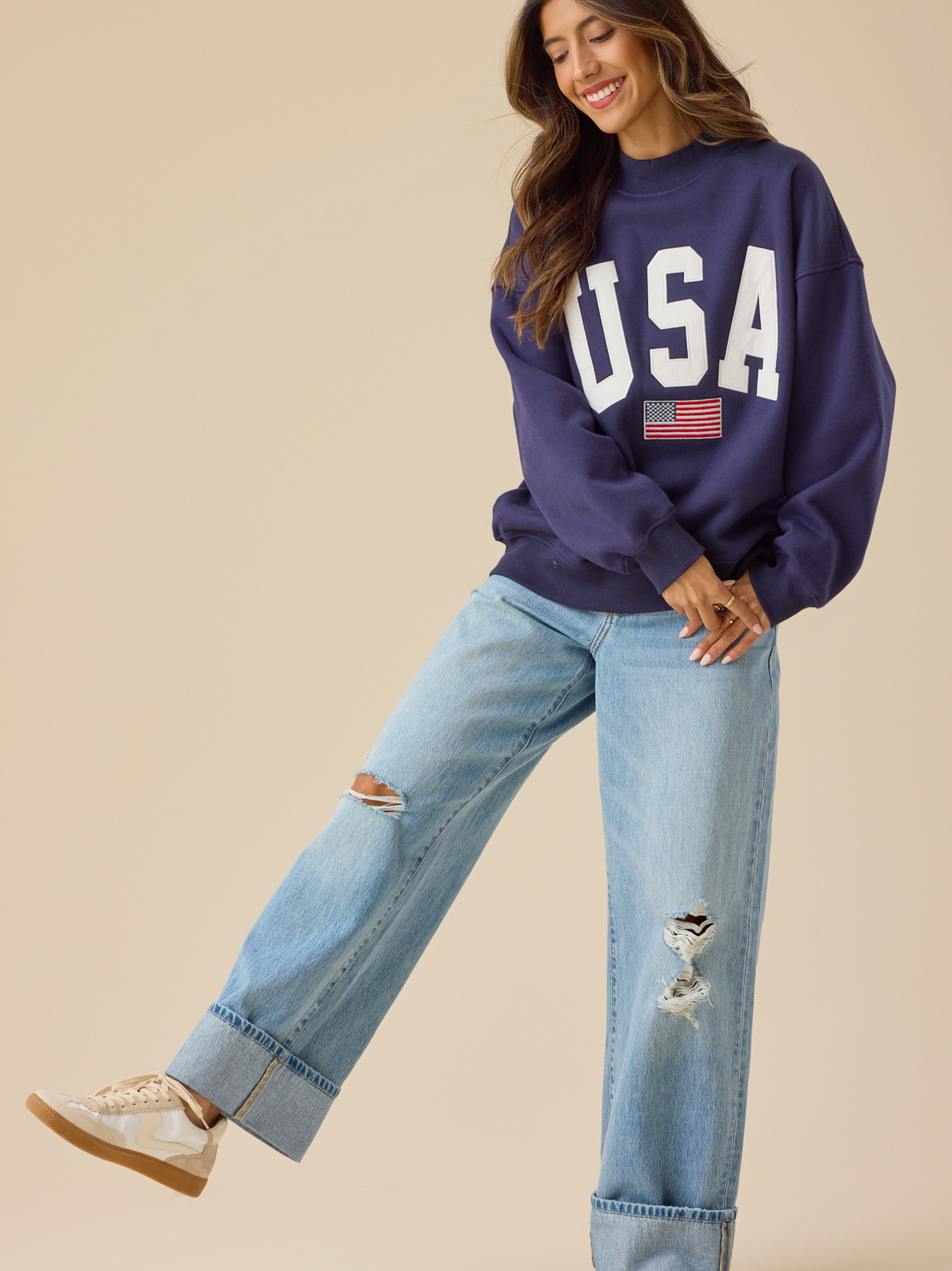 USA Embroidered Mock Neck in Navy | Altar'd State