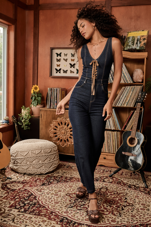 Jana Lace-Up Denim Jumpsuit Detail 2 - Altar'd State