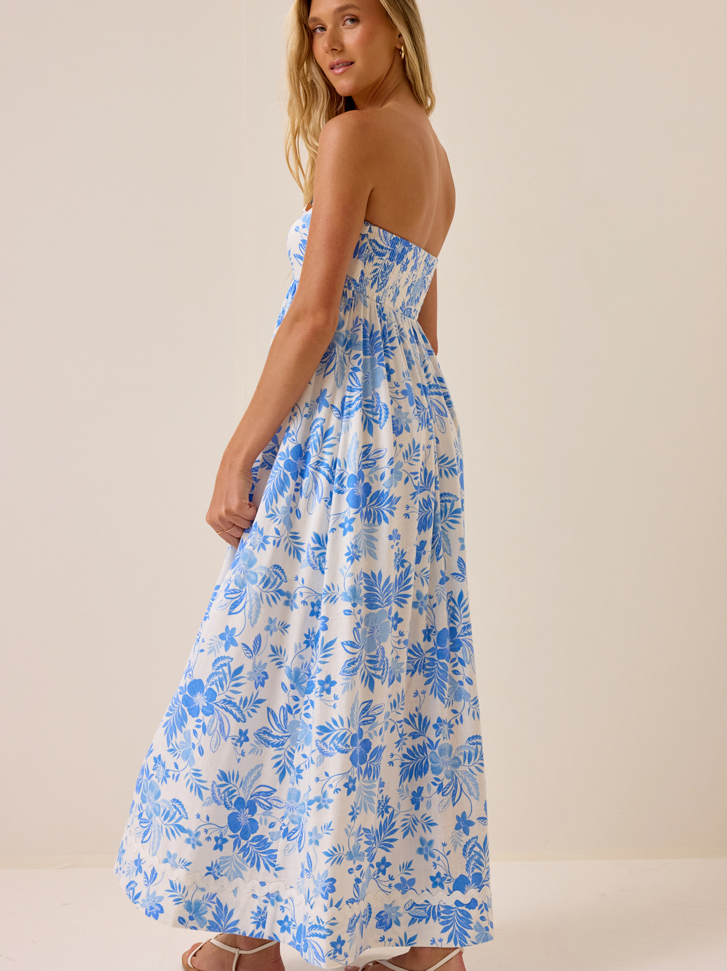 altard state blue floral dress Altar'd State | Cove Floral Strapless Maxi Dress | WHITE-BLUE