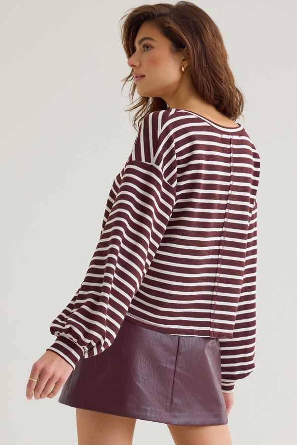 Adrienne Long-Sleeve Urban-Rib Striped V-Neck Boxy Top Detail 5 - Altar'd State