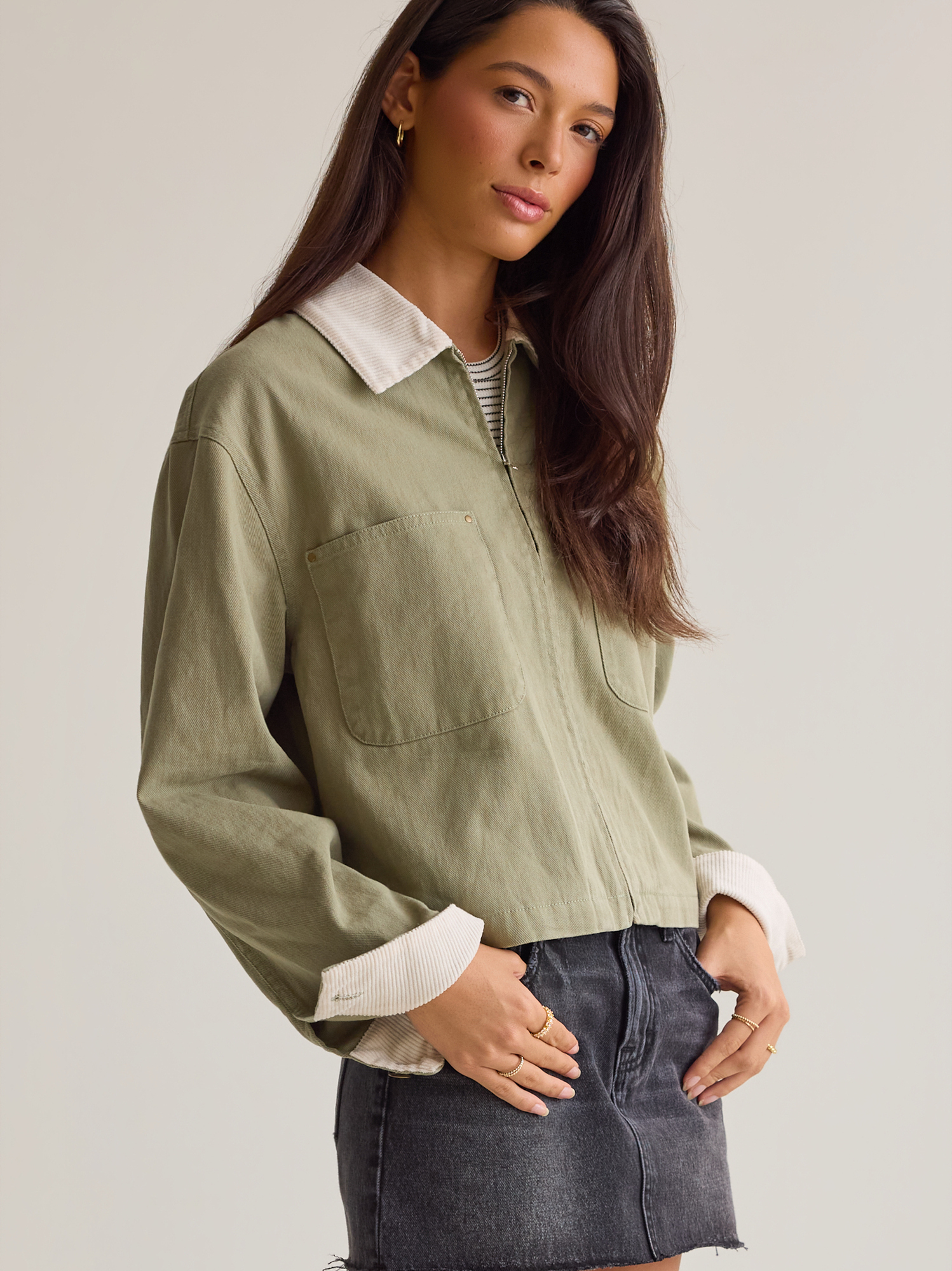 Jayden Cropped Trucker Jacket in Olive Green | Altar'd State