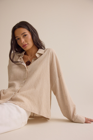 Lillian Button Up Top in Taupe | Altar'd State