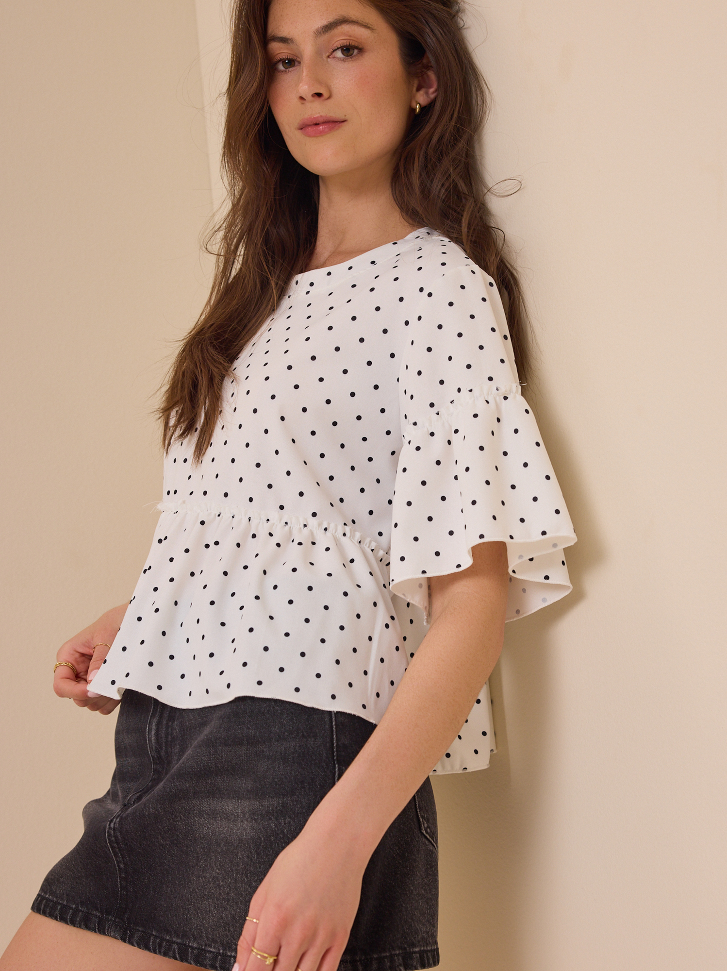 Liora Polka Dot Ruffle Top in Ivory & Black | Altar