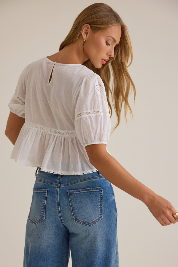 Drew Puff Sleeve Embroidered Top in White | Altar'd State