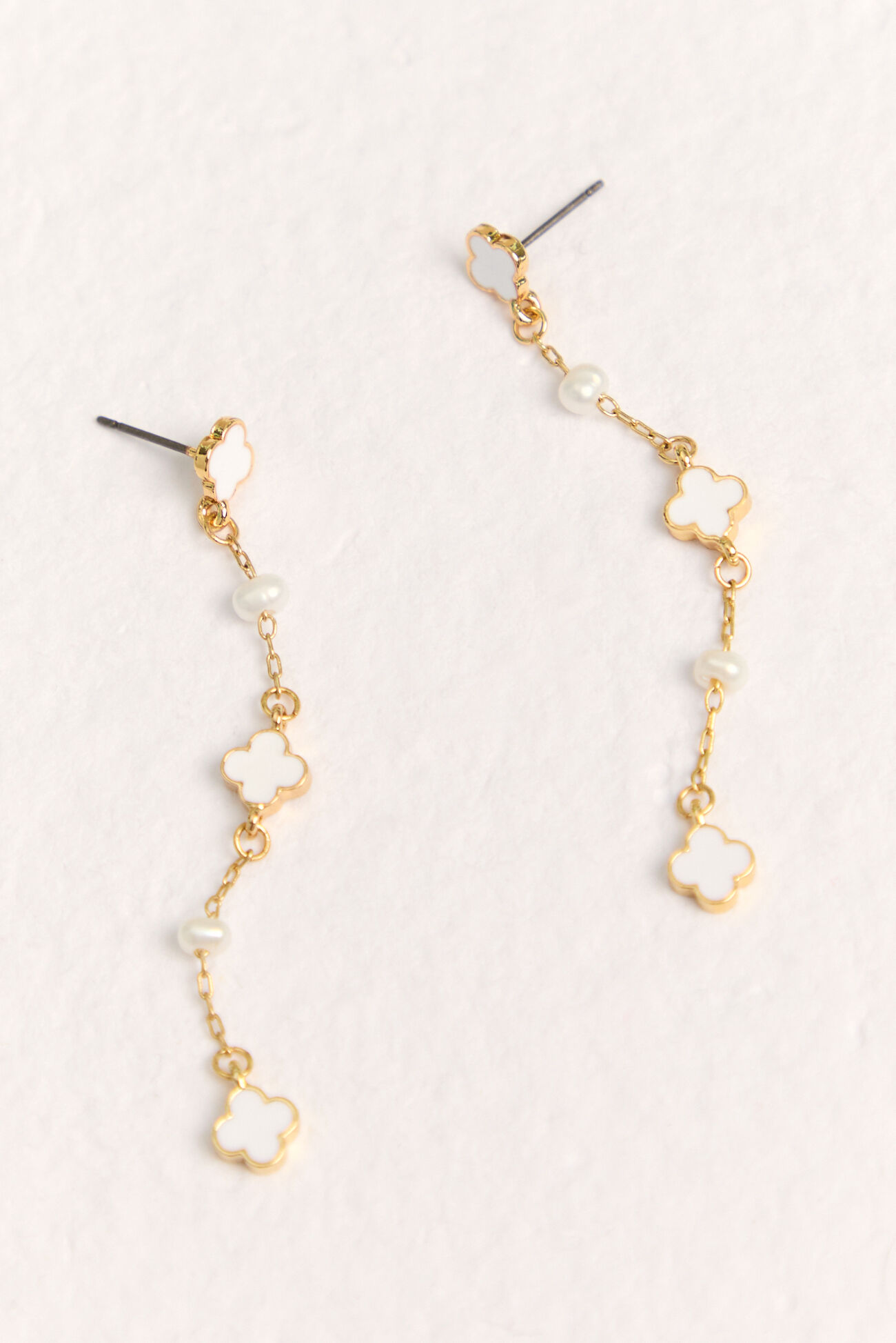 18K Gold Clover Pearl Drop Earrings