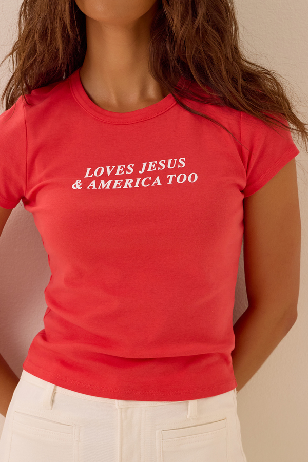 Loves Jesus & America Too Baby Tee Detail 2 - Altar'd State