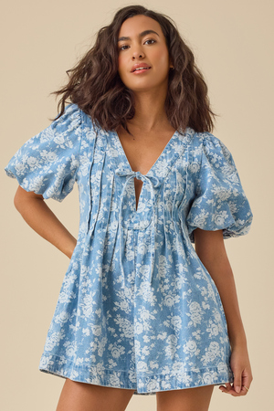 Evie Puff Sleeve Denim Romper - Altar'd State - 