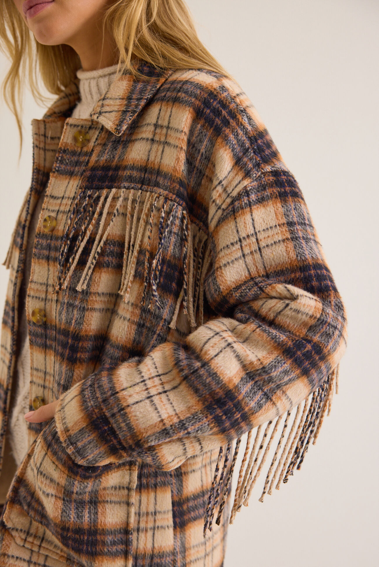 Cambria Fringe Plaid Wool Jacket