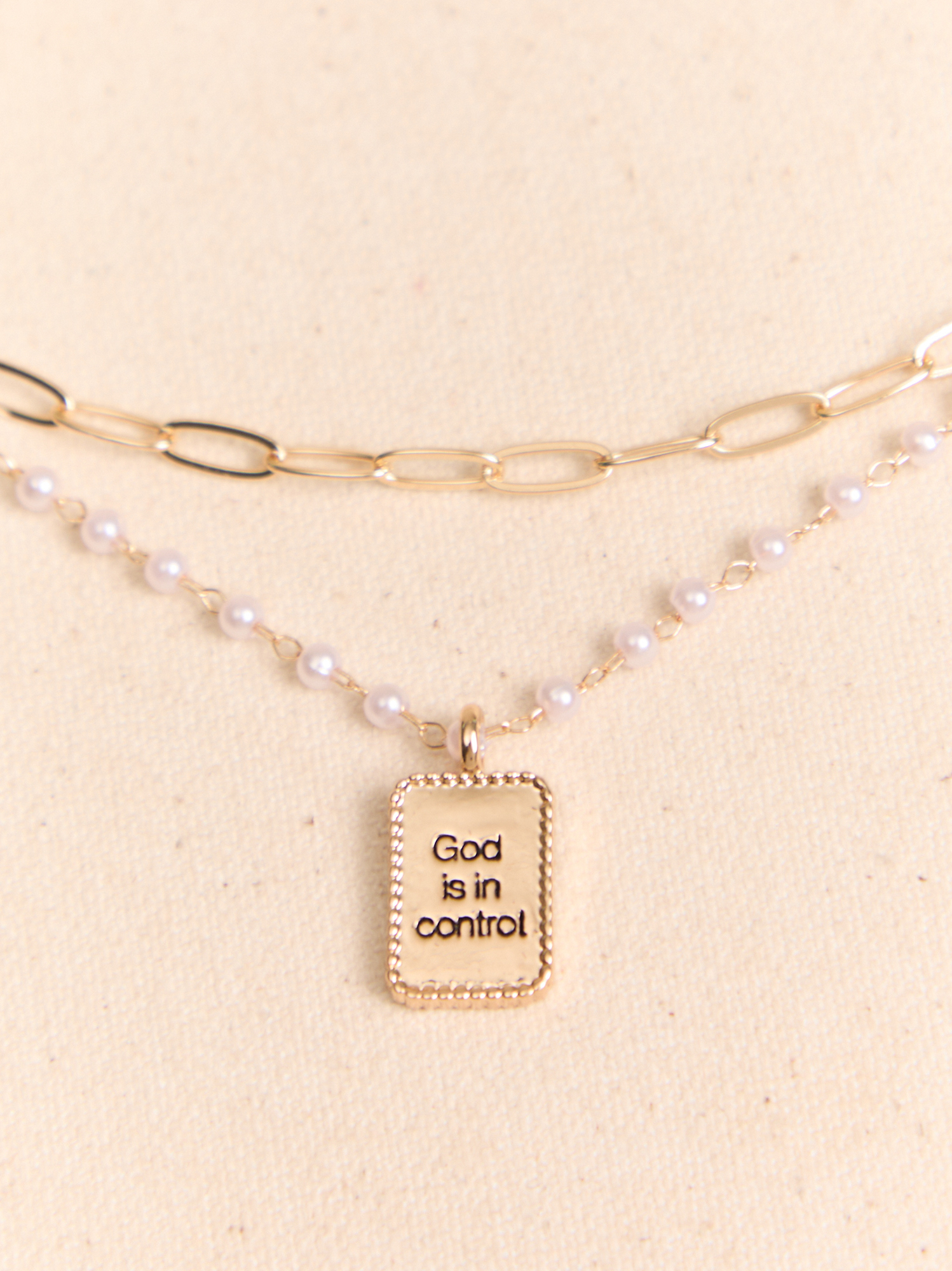 God Is In Control Layered Pearl Cross Necklace in Gold | Altar