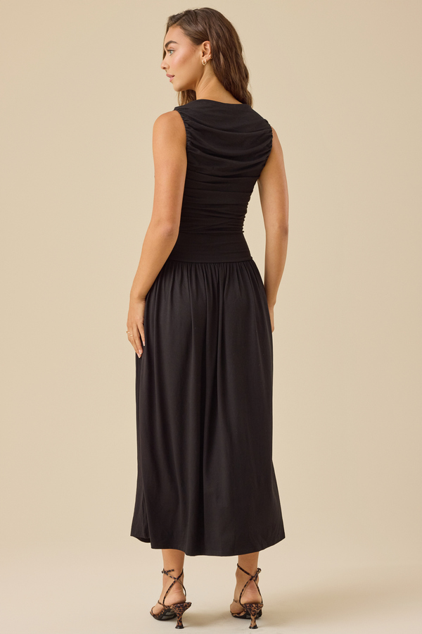 knee length dresses for ladies Black Drop Waist Midaxi Dress  Rare London