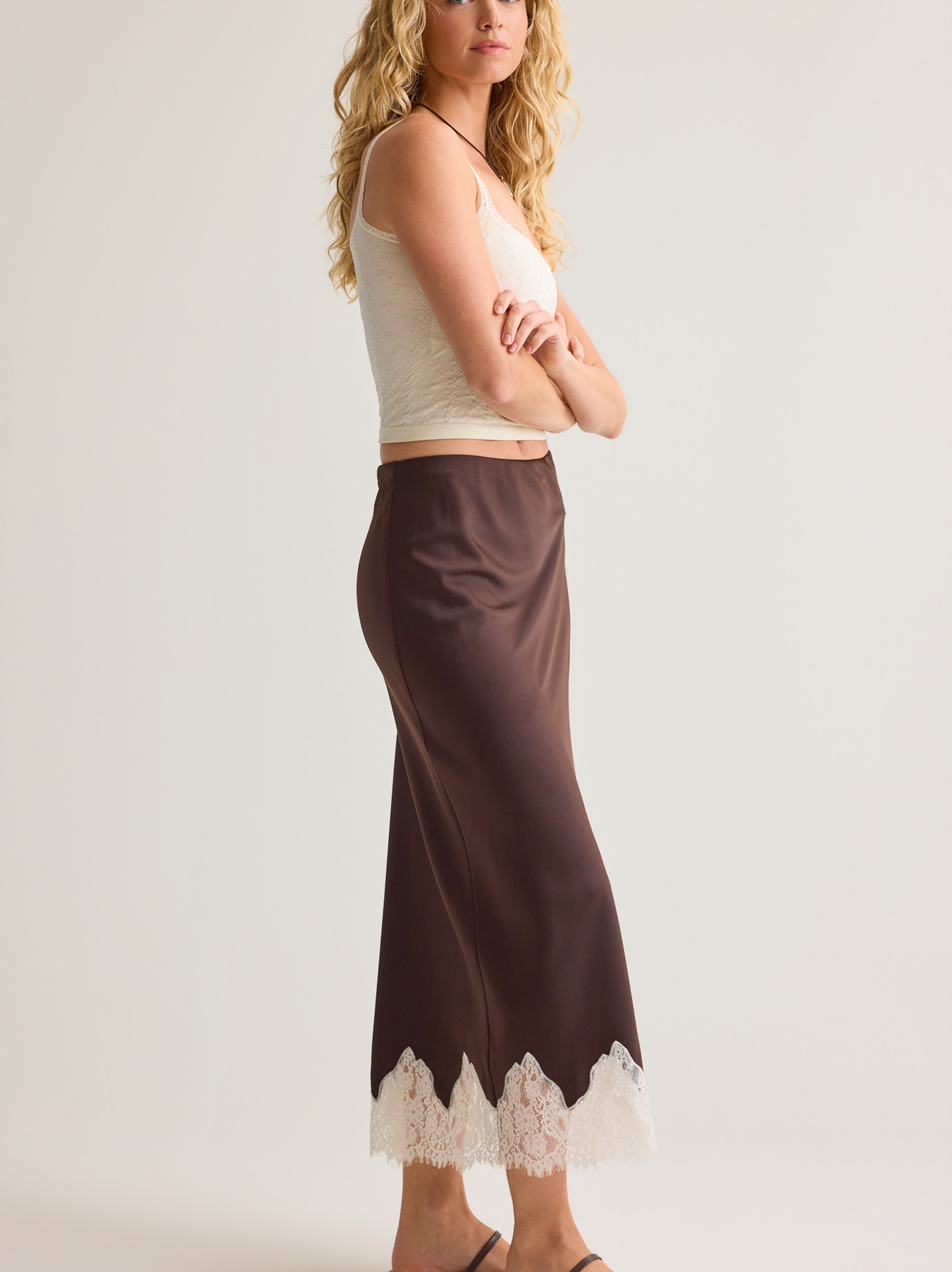 Sorella Lace Trim Maxi Skirt in Chcolate Brown | Altar'd State