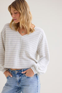 Adrienne Long-Sleeve Urban-Rib Striped V-Neck Boxy Top Detail 4 - Altar'd State