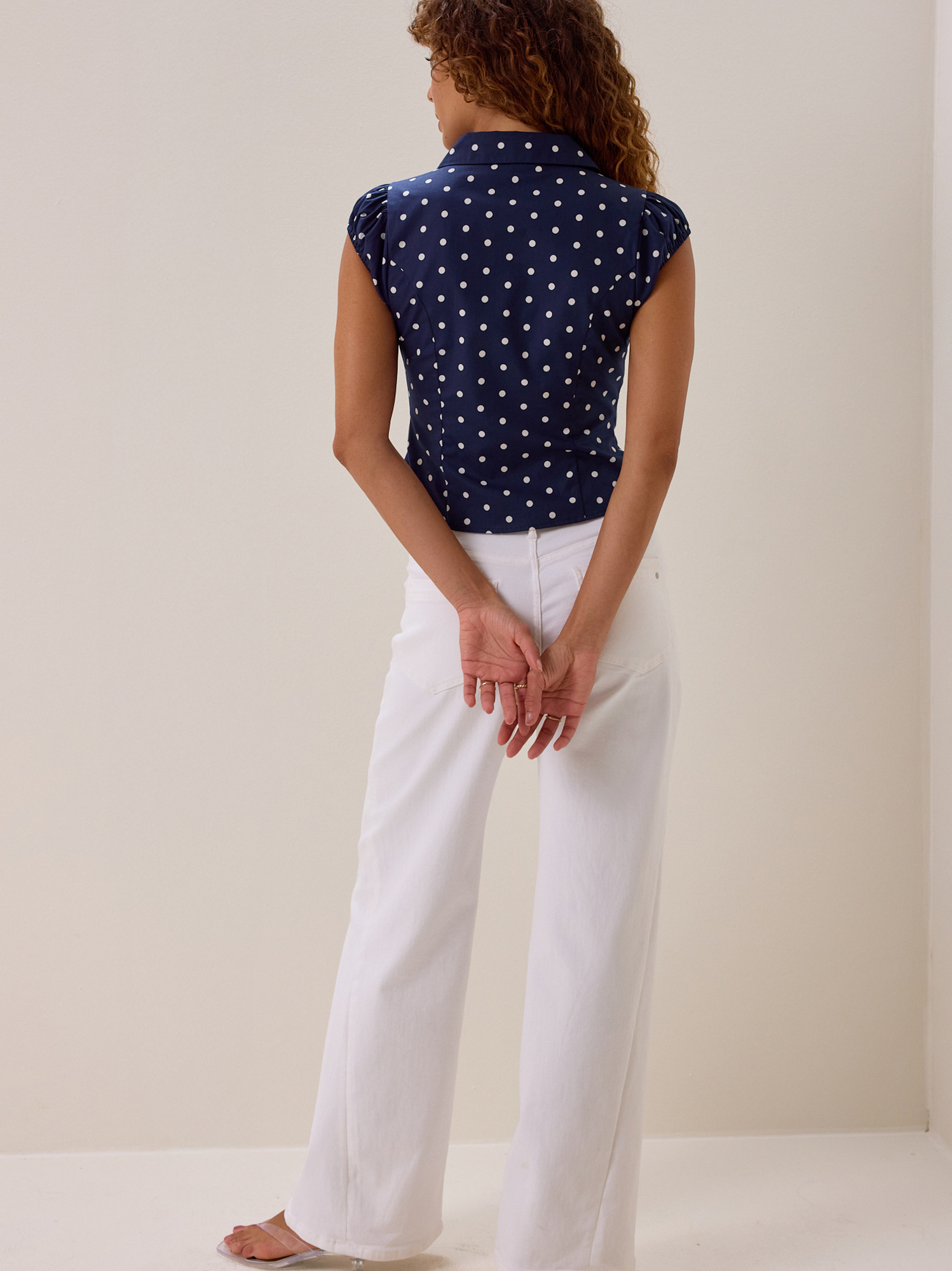 Lilianna Button Up Dot Top in Navy Blue | Altar'd State
